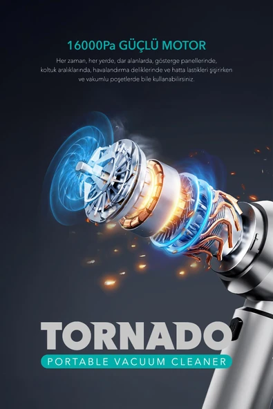 Tornado 100W Şarjlı Kablosuz Araç İçi Süpürge Gerçek 16000PA Güçlü Üfleme & Vakum Aksesuarlı Type-c - 4