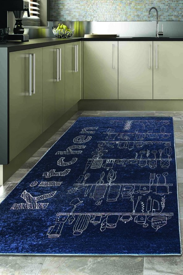 elleser Dekoratif Yıkanabilir Kaymaz Deri Tabanlı Mutfak Halısı