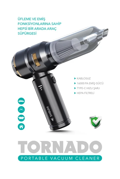 Tornado 100W Şarjlı Kablosuz Araç İçi Süpürge Gerçek 16000PA Güçlü Üfleme & Vakum Aksesuarlı Type-c - 3