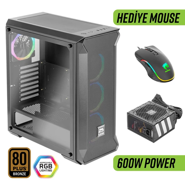 Green Z5 Surena ARGB Gaming Bilgisayar Kasası 600W 80+ Bronze PSU Dahil