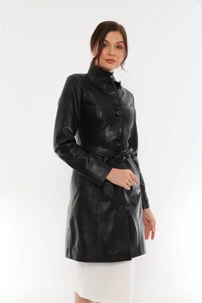 Basics&More Kadın Kuşaklı Düğmeli Siyah Deri Ceket - B3034 - 2