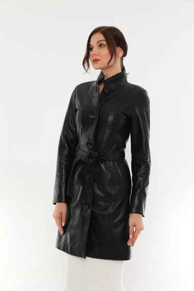 Basics&More Kadın Kuşaklı Düğmeli Siyah Deri Ceket - B3034 - 5