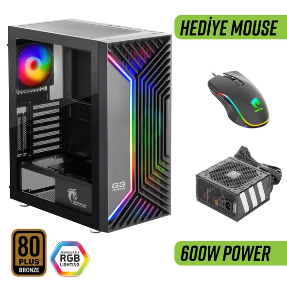 Green Griffin G3 Plus ARGB Gaming Bilgisayar Kasası 600W 80+ Bronze PSU Dahil