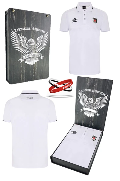 Beşiktaş Orijinal Lisanslı Polo Yaka Beyaz T-Shirt + Bileklik Set Hediyelik Ahşap Kutulu