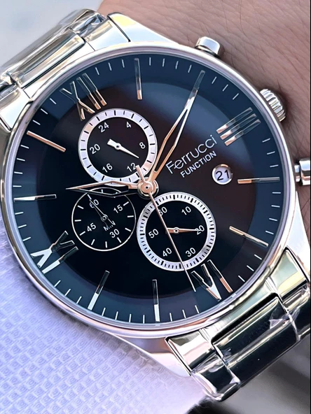 Ferrucci İç Fonksiyonları Aktif Takvim Ve Gün 30mt Suya Dayanıklı Çelik Kordon Erkek Kol Saati VS.BLKT.0599 - Resim 2
