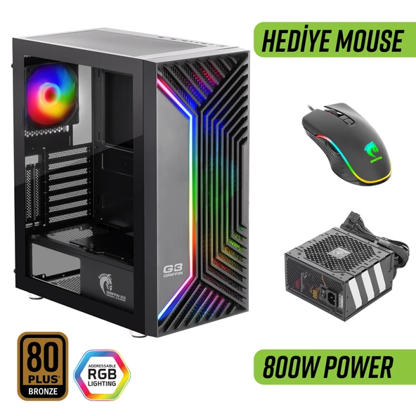 Green Griffin G3 Plus ARGB Gaming Bilgisayar Kasası 800W 80+ Bronze PSU Dahil