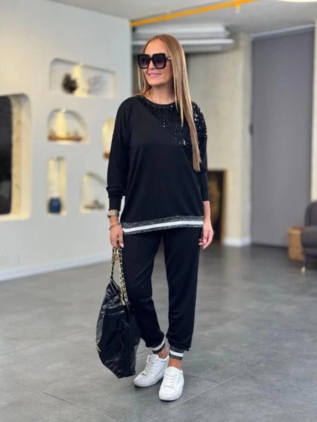 Kadın Modal Kumaş Payetli Sim Ve Ribanalı Detay Ikili Takım - Resim 4