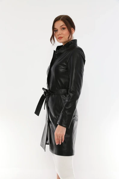 Basics&More Kadın Kuşaklı Düğmeli Siyah Deri Ceket - B3034 - 3