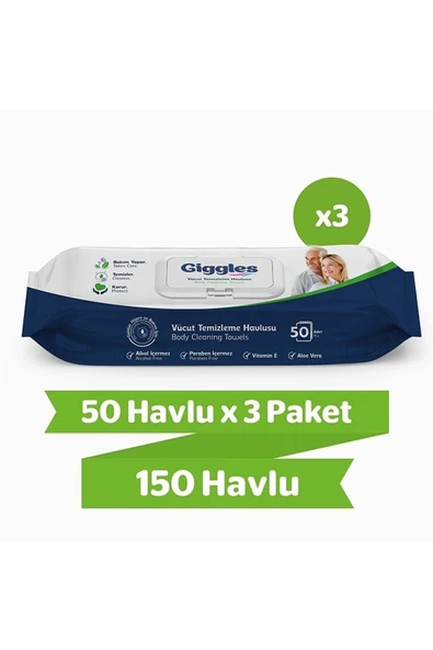 Giggles Vücut Temizleme Havlusu 50'li 3 Paket 150 Adet Havlu