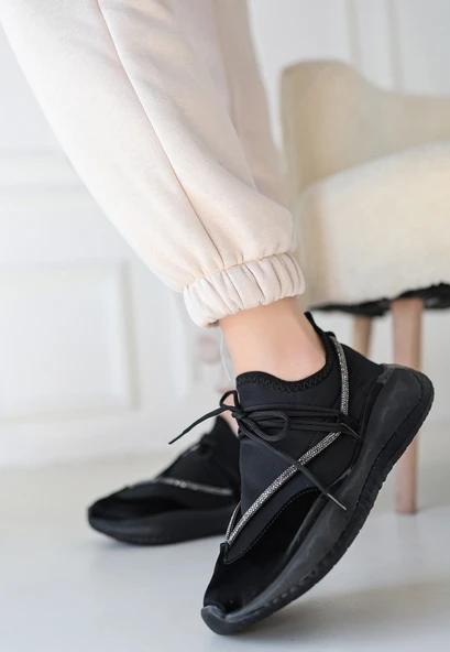 Liney Siyah Rugan Siyah Tabanlı Bağcıklı Spor Ayakkabı - Resim 3