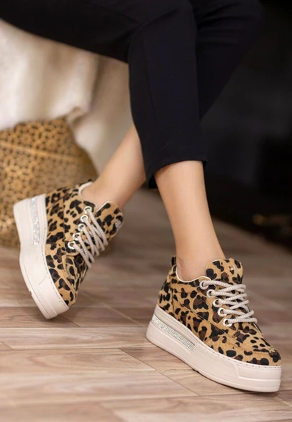 Lulu Leopar Süet Bağcıklı Spor Ayakkabı - Resim 3