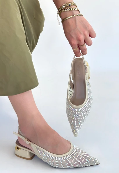 Piyar Bej Taşlı Topuklu Ayakkabı - Resim 2