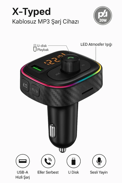Kablosuz MP3 Çalar ve Hızlı Şarj Özellikli Bluetooth Araç Kiti  XTyped 20W - 1
