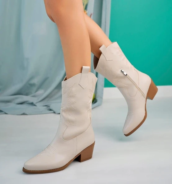 Emaly Bej Cilt Topuklu Çizme - Resim 4