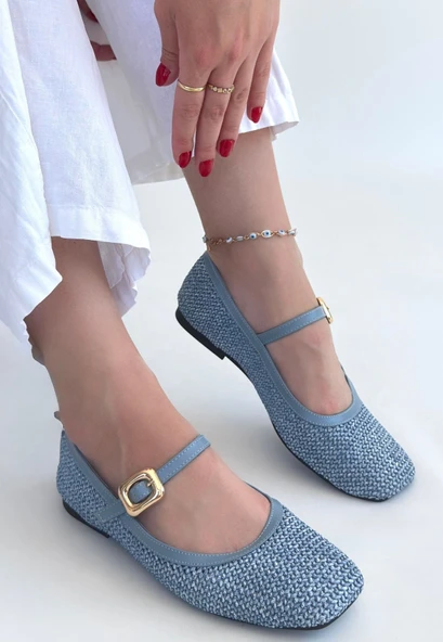 Rives Mavi Cilt Hasır Dokumalı Babet Ayakkabı - Resim 3