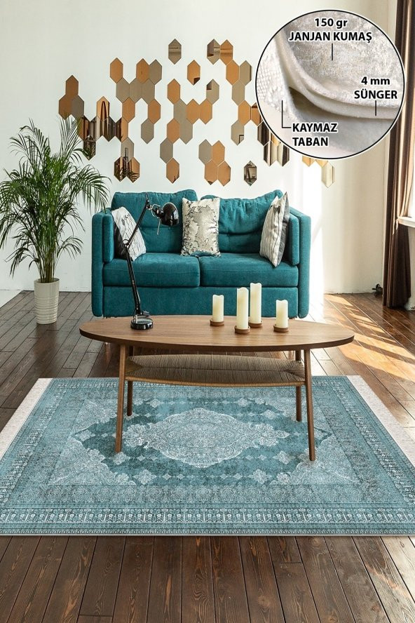elleser Dekoratif Yıkanabilir Kaymaz Deri Tabanlı Salon Halısı - 1