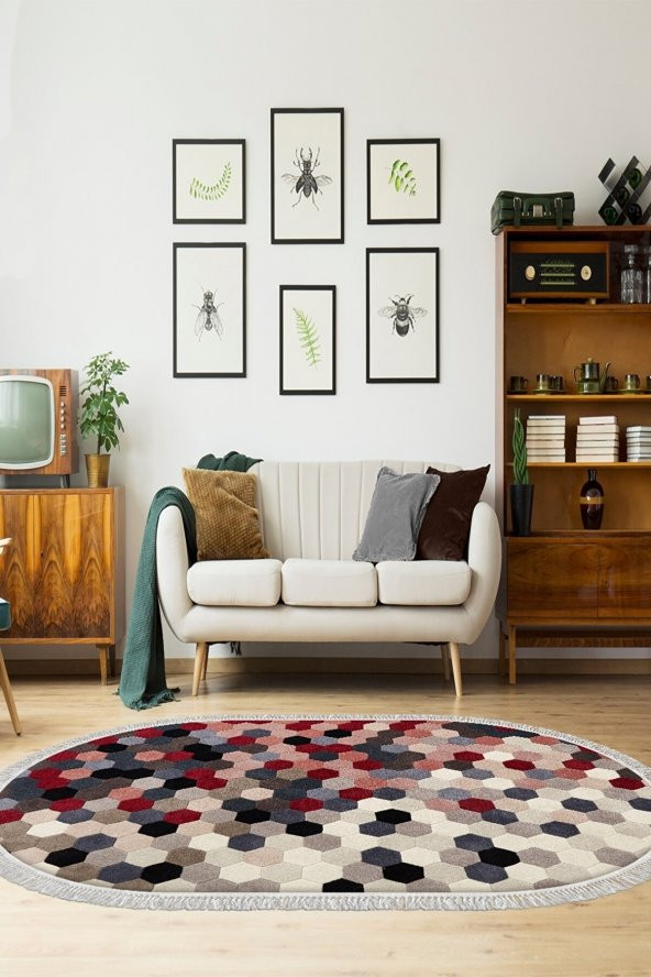 elleser Dekoratif Yıkanabilir Kaymaz Tabanlı Oval Salon Halısı