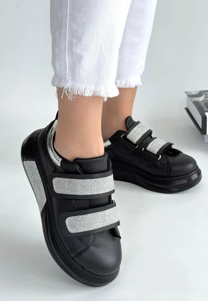 Nino Siyah Cilt Simli Cırt Cırtlı Spor Ayakkabı - Resim 2