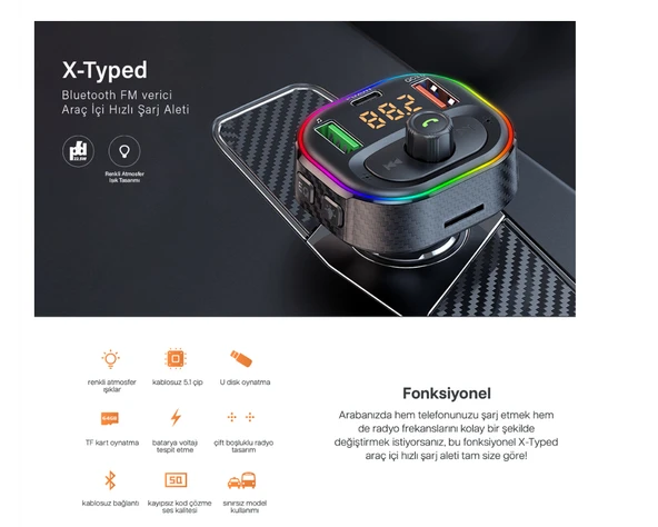 Kablosuz MP3 Çalar ve Hızlı Şarj Özellikli Bluetooth Araç Kiti  XTyped 20W - 4