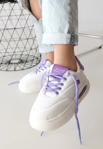 Chris Beyaz Cilt Lila Detaylı Bağcıklı Spor Ayakkabı - 3
