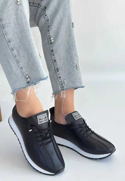 Monya Siyah Cilt Bağcıklı Spor Ayakkabı - Resim 2