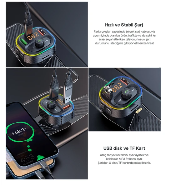 Kablosuz MP3 Çalar ve Hızlı Şarj Özellikli Bluetooth Araç Kiti  XTyped 20W - 5