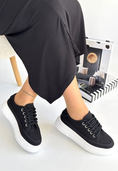 Carin Siyah Keten Bağcıklı Spor Ayakkabı - 4