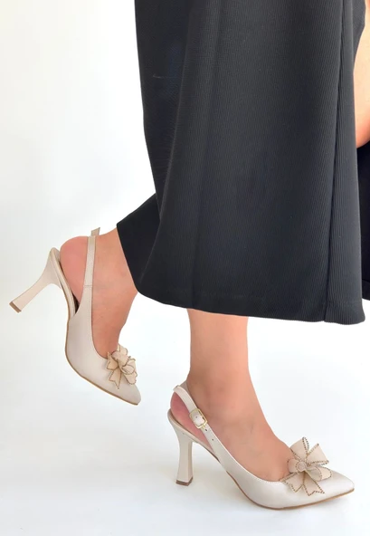 Mewi Bej Saten Topuklu Ayakkabı - Resim 2