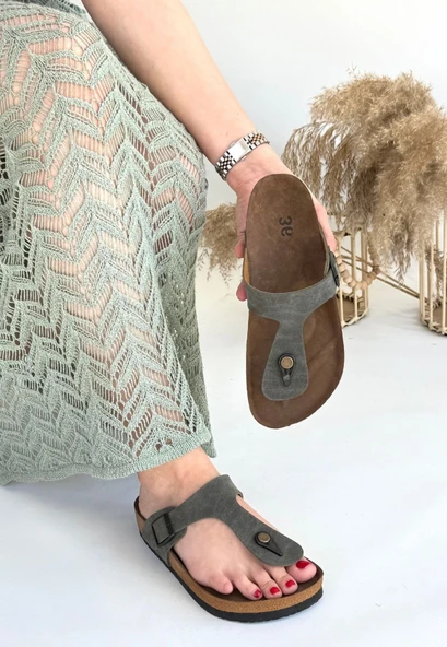 Aksar Haki Yeşil Nubuk Parmak Arası Terlik - Resim 3