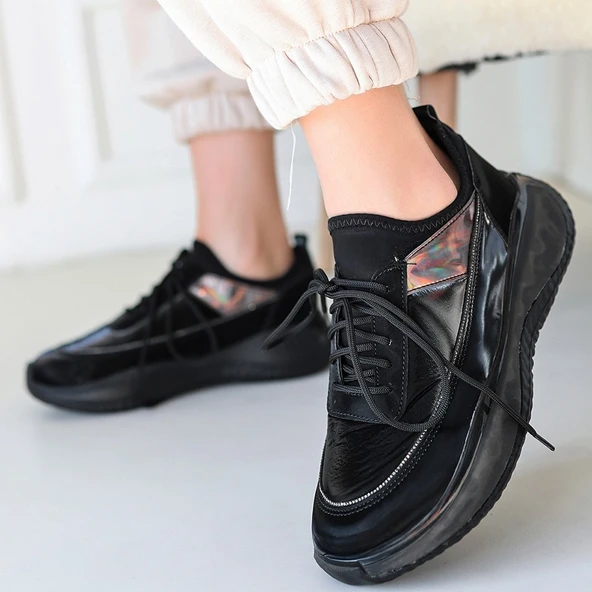 Liney Siyah Rugan Siyah Tabanlı Bağcıklı Spor Ayakkabı - Resim 4