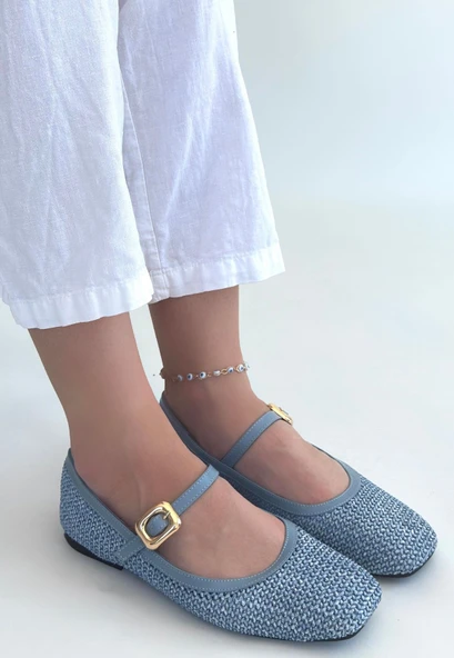 Rives Mavi Cilt Hasır Dokumalı Babet Ayakkabı - Resim 2