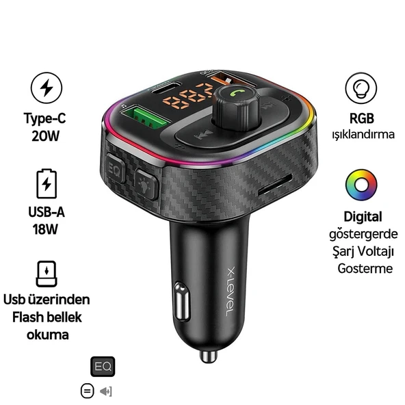 Kablosuz MP3 Çalar ve Hızlı Şarj Özellikli Bluetooth Araç Kiti  XTyped 20W - 6