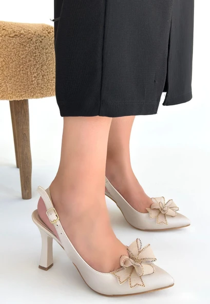 Mewi Bej Saten Topuklu Ayakkabı ürün görseli 1