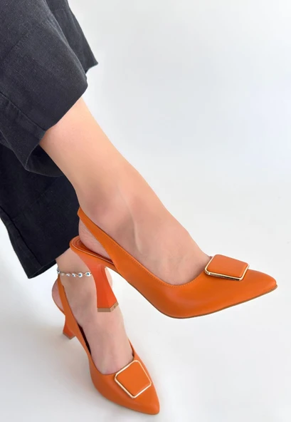Pıert Turuncu Cilt Topuklu Ayakkabı - Resim 3