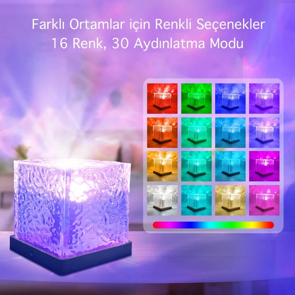 HyMark Kristal Kuzey Işıkları Okyanus Dalgası 16 Renk Projektör Dahili Pil Gece Lambası Kumandalı Dokunmatik - Resim 4