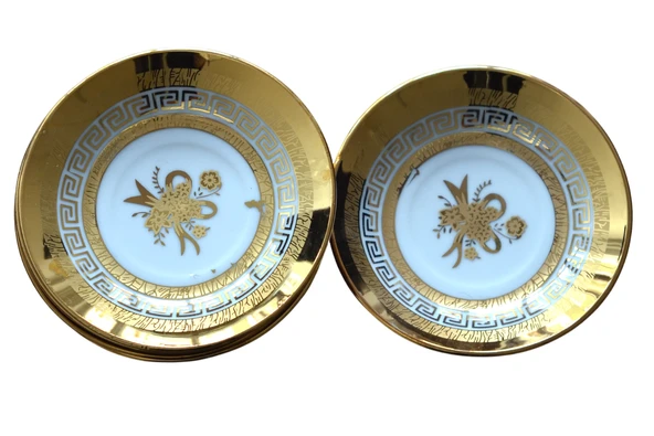 Boya Defolu Porselen 6 Kişilik Altın Renkli Yaldızlı Işlemeli Çay Tabağı No:3 - 3