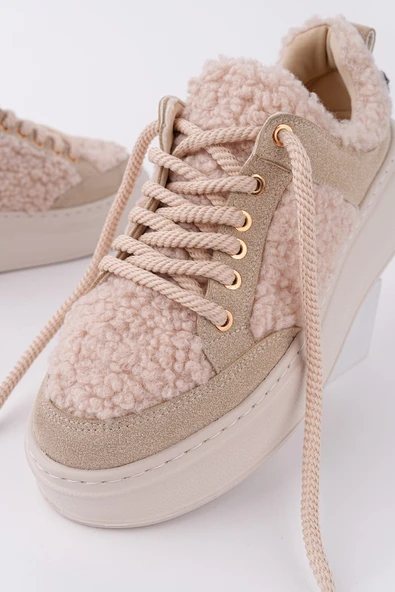 Muggo FLEECY Kalın Taban Bağcıklı Peluş Detaylı Kadın Kışlık Sneaker Spor Ayakkabı - 3