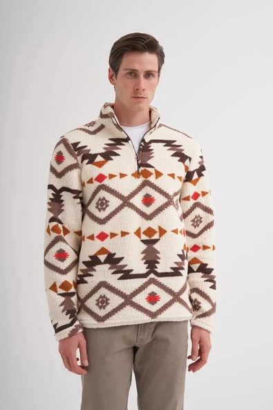 Cazador Vintage Desenli Kürk Dokulu Dik Yaka Regular Fit Sweatshirt-52440 - Resim 3