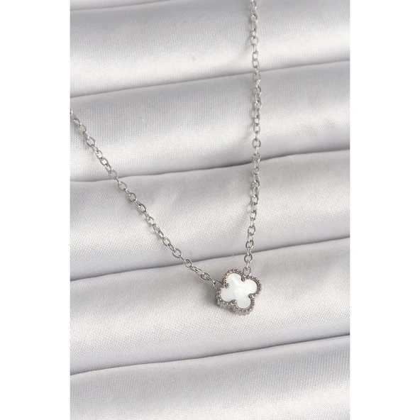 316L Çelik Gümüş Renk Beyaz Yonca Model Kadın Kolye Vice-5353