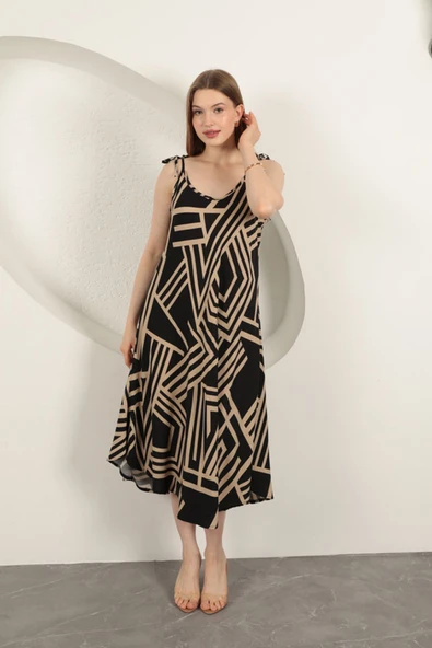 Viskon Kumaş Çizgili Elbise-Bej ürün görseli