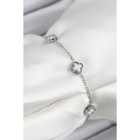 316L Çelik Beyaz Sedef Yonca Model Gümüş Renk Kadın Bileklik Vice-5353