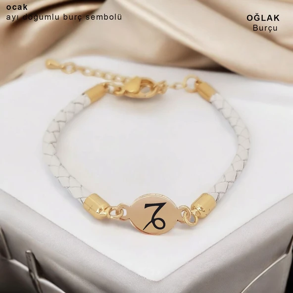 Doğum Ayına Özel Doğal Beyaz Derili 14 Ayar Altın Plakalı Oval Motifli Hediye Bileklik-314 ürün görseli