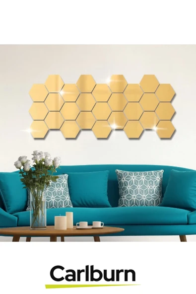 Özel Üretim Dekoratif Modern Altıgen Ev Ofis Duvar Dolap Yapışkanlı Akrilik Gold Ayna Seti 12 Adet - 2