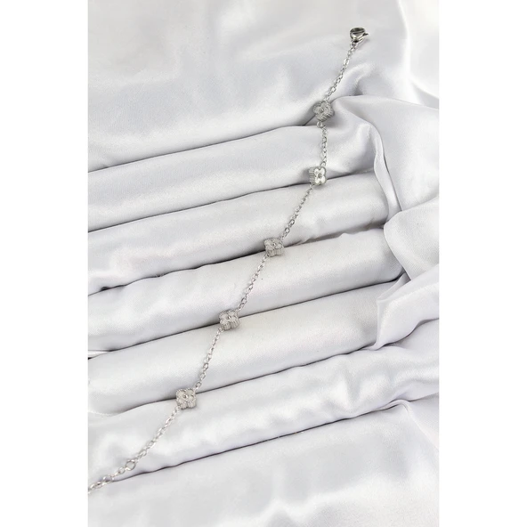 316L Çelik Yonca Model Gümüş Renk Kadın Bileklik Vice-5353 - 2