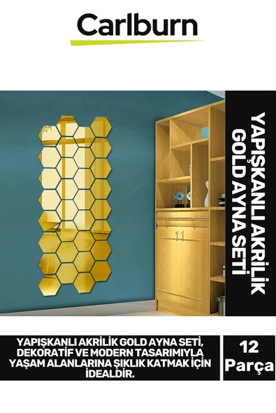 Özel Üretim Dekoratif Modern Altıgen Ev Ofis Duvar Dolap Yapışkanlı Akrilik Gold Ayna Seti 12 Adet - 1