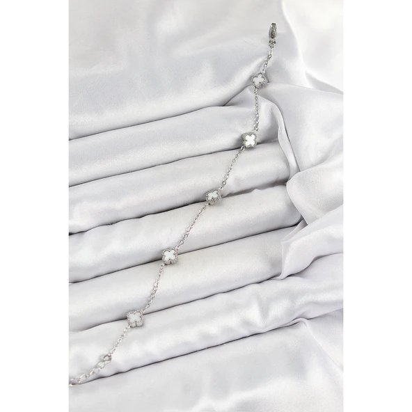 316L Çelik Beyaz Sedef Yonca Model Gümüş Renk Kadın Bileklik Vice-5353 - 2