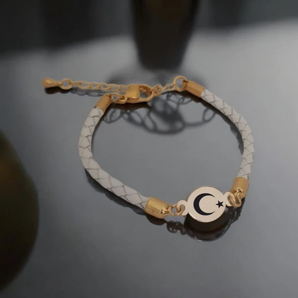 Sembole Özel 14 Ayar Altın Plakalı Oval Motifli Doğal Beyaz Derili Hediye Bileklik-314 ürün görseli