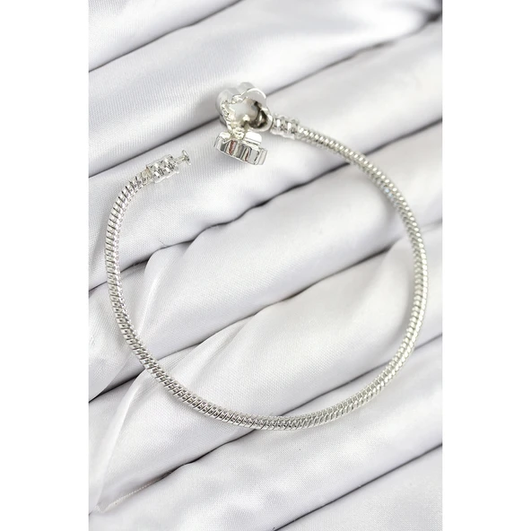 Pirinç Charm Zirkon Taşlı Yonca Model Gümüş Renk Kadın Bileklik Vice-5353 - 2