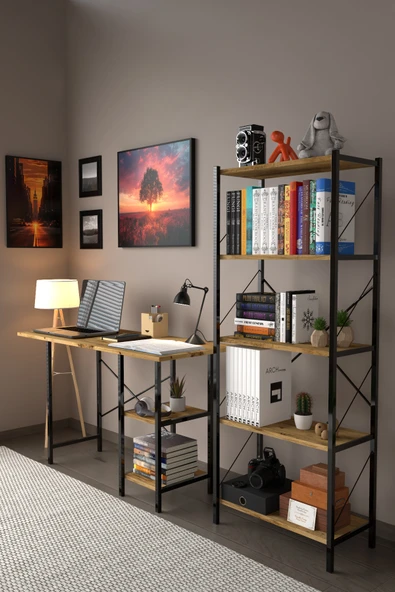 Çalışma Masası ve Kitaplık Seti Ikili Çalışma Odası Set Atlantik Çam - Resim 2