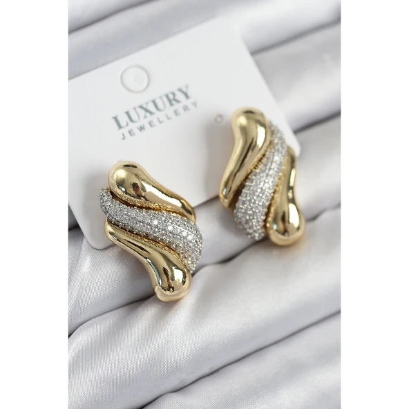 Pirinç Zirkon Taşlı Kıvrım Model Gold Renk Kadın Küpe